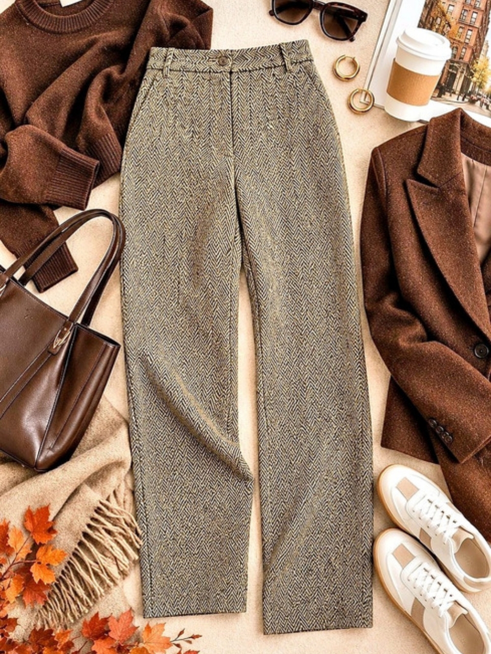 Ann Taylor Herringbone Wool Blend Wide Leg Trousers Size 8